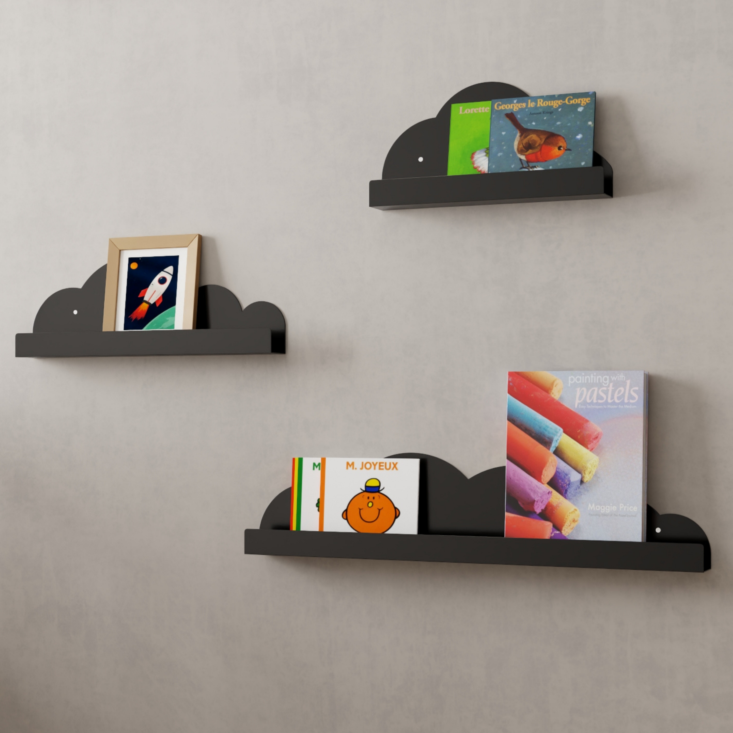 Childrens wall mounted metal cloud bookshelves in black with different dimensions